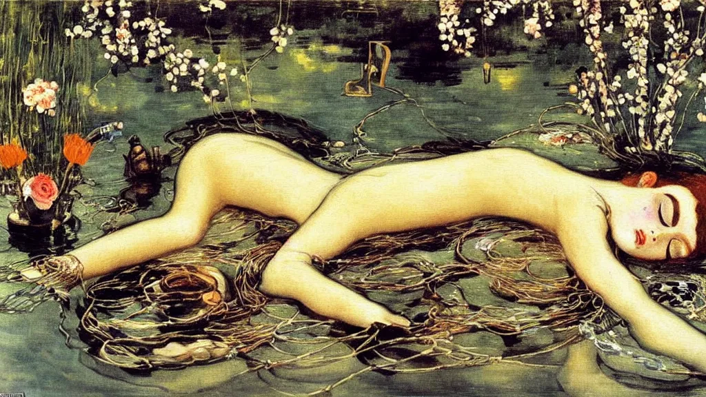 Prompt: prompt: beautiful girl sleeping in the lake with shining face painted by Valentin Serov, nymph in the water performing alchemy, cyborg and robot broken lying around the nymphs, small tiger statue flowers and cables and wire around and on the side with artifacts and ancient book, intricate oil painting, high detail, Neo-expressionism