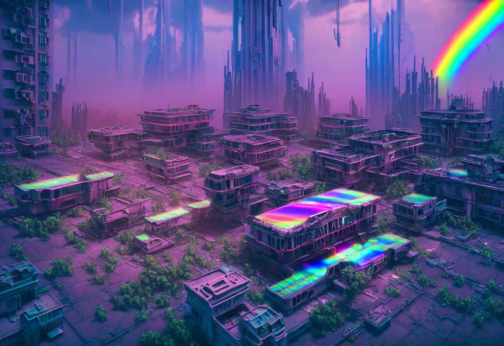 Image similar to A highly detailed crisp unreal engine render of aerial drone photo of A beautiful futuristic cyberpunk abandoned city building with neon, plants, perfect well made rainbow on the sky, sunlight breaking through clouds, debris on the ground, abandoned machines bright warm colors by wangchen-cg, 王琛,Neil blevins, artstation, Isometric japanese city, volumetrics, 3d render, octane render, Gediminas Pranckevicius