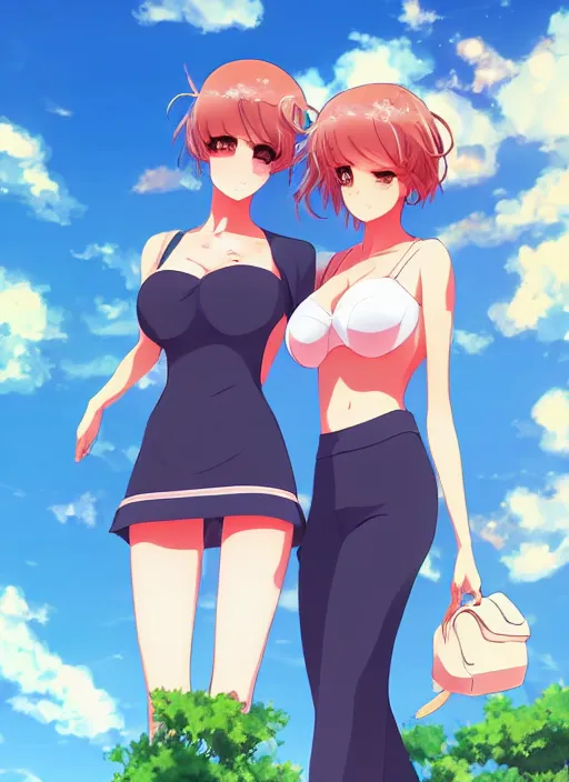 Image similar to two beautiful mothers under a blue sky, summer clothes, gorgeous faces, thick lines, cinematic lighting, detailed anime art