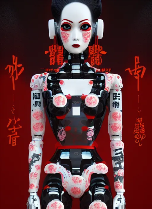 Image similar to full body portrait of a gothic japanese robot geisha with kanji tattoos and decals wearing a digital pixelated kimono, intricate design, photorealistic, octane render, raytraced, ultra fine detailed, character design, trending on artstation