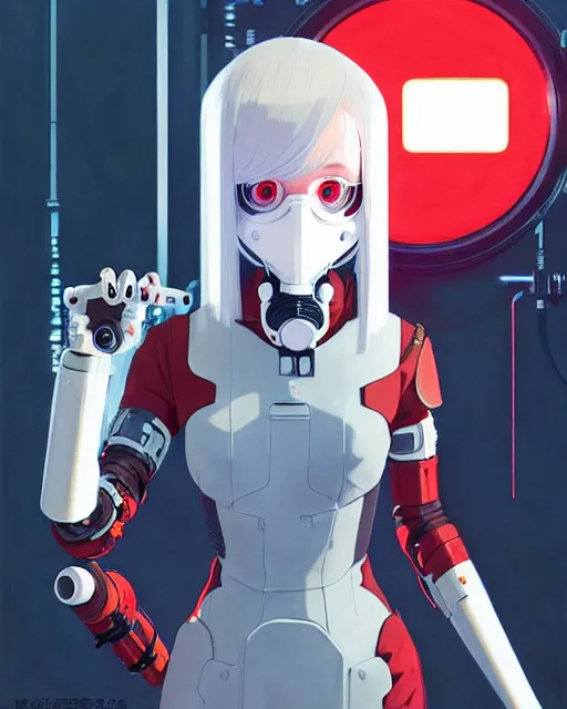 Image similar to white haired cyborg girl wearing a gas mask and red dress | | audrey plaza, warframe armor, fine detail!! anime!! realistic shaded lighting!! poster by ilya kuvshinov katsuhiro otomo ghost - in - the - shell, magali villeneuve, artgerm, jeremy lipkin and michael garmash and rob rey