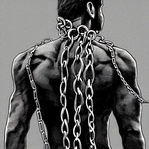 Prompt: A PORTRAIT FROM BEHIND OF A MAN ,THE THE MAN IS WRAPPED IN CHAINS ,detailed, concept art, ink style , sketch