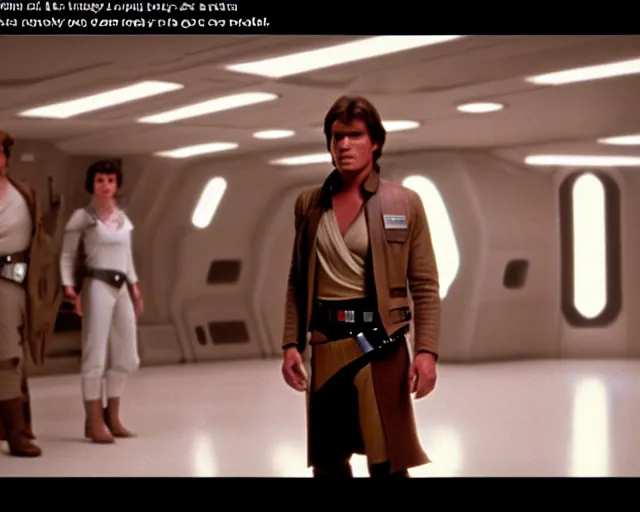 Image similar to screenshot of Han Solo standing next to Princess Leia Organa kiss, alone, pensive, iconic scene from 1980s Star Wars film directed by Ridley Scott, in a sci fi nursing home architecture, last jedi, 4k HD sharp, cinematic still frame, photoreal, detailed face, moody lighting, stunning cinematography, anamorphic lenses, kodak color film stock