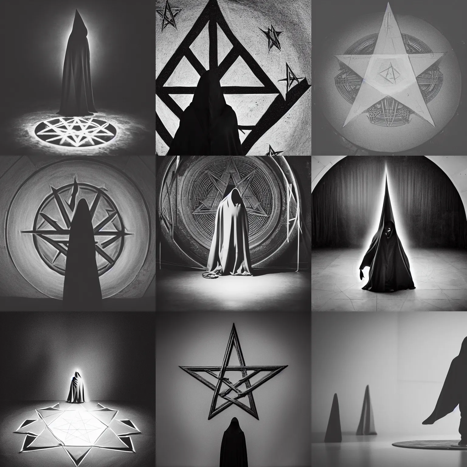 Prompt: A studio photograph of a hooded figure levitating above an occult pentagram ritual base, dark room, XF IQ4, 150MP, 50mm, F1.4, ISO 200, 1/160s, natural light, Adobe Lightroom, photolab, Affinity Photo, PhotoDirector 365, 4k, trending on Artstation, award-winning