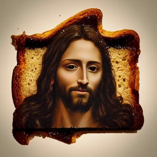 Prompt: “picture of Jesus as a Gigachad, burnt into a piece of toast, trending on artstation”