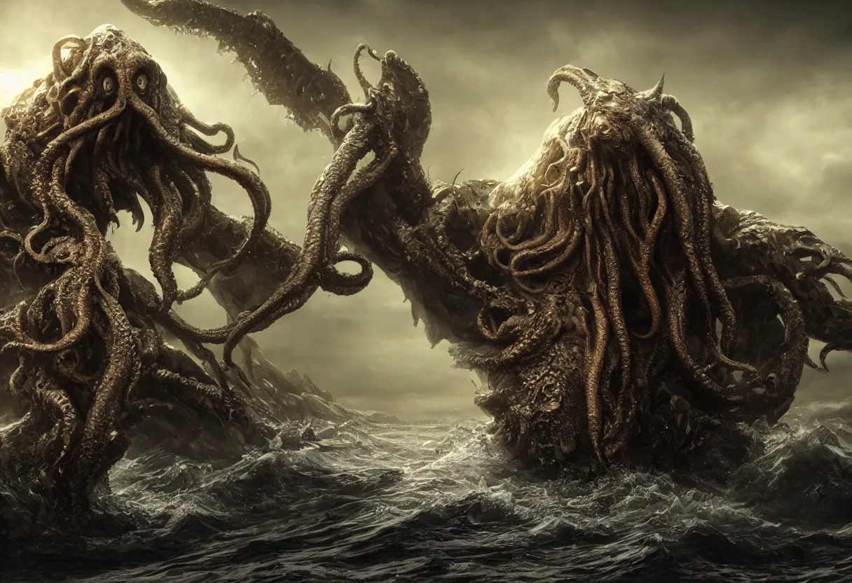 Image similar to concept art of cthulhu emerging from the ocean, omnious old photo, cinematic lighting, apocalyptic, atmospheric, hyper realism, realistic, octane render, dramatic lighting, highly detailed, cinematic