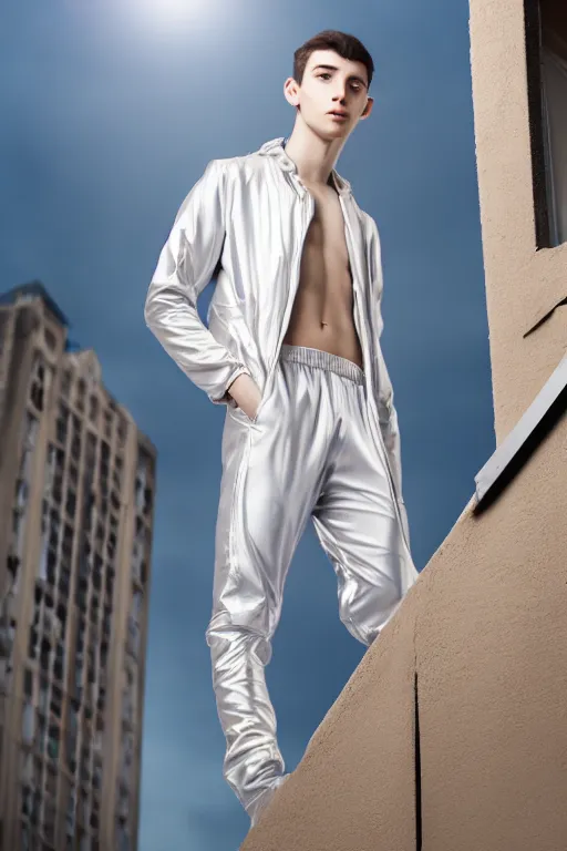 Image similar to un ultra high definition studio quality photographic art portrait of a young man standing on the rooftop of a british apartment building wearing soft padded silver pearlescent clothing. three point light. extremely detailed. golden ratio, ray tracing, volumetric light, shallow depth of field. set dressed.