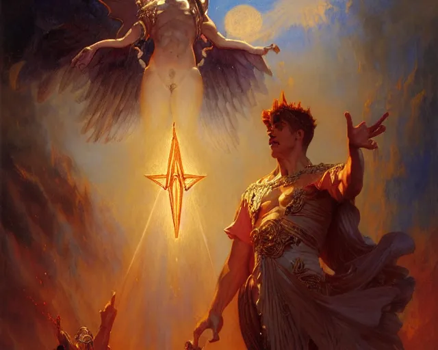 Image similar to attractive male deity, casting demonic magic, summoning handsome lucifer morning star. highly detailed painting by gaston bussiere, craig mullins, j. c. leyendecker 8 k