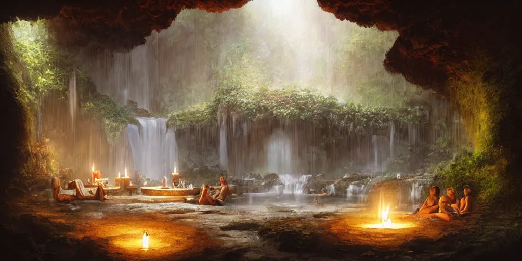 Image similar to detailed interior of cozy hotsprings hidden inside a cave, small waterfalls, lush vegetation, flowers, towels, plates of fruit, candlelight, digital painting, concept art, light shafts, stunning atmosphere, by Greg Rutkowski, cinematic lighting