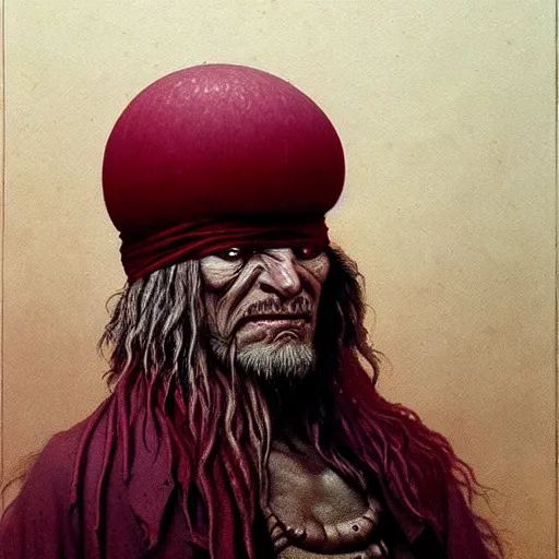 Image similar to Angry Pirate portrait, dark fantasy, maroon, artstation painted by Zdzisław Beksiński and Wayne Barlowe