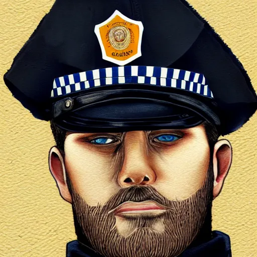 Image similar to portrait of a blonde police officer with short hair and a patchy beard, close up, grimy streets backdrop, detailed, art by loran desore