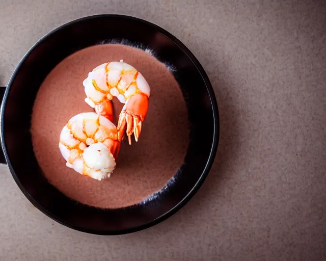 Prompt: dslr food photograph of an ice cream desert with shrimp on. 8 5 mm f 1. 4