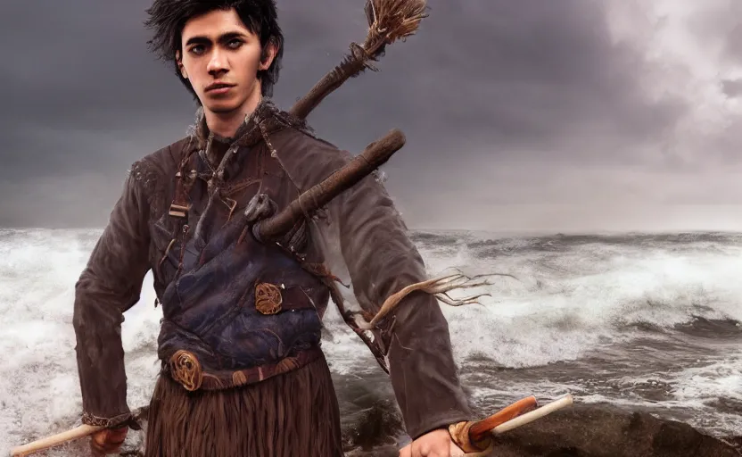 Prompt: photographic portrait of young adult male wizard from the waist up with black hair wearing a brown jerkin and bandolier and wielding an intricate wooden staff in front of a castle or stone structure or rock tower and turrets by the sea, photorealistic, dramatic lighting, intense clouds, sharp detail, hyper realistic, foggy atmosphere, intense facial expression, octane render, ocean waves crashing