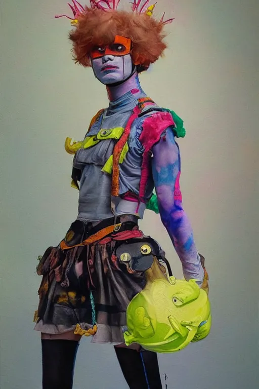 Image similar to a character wearing a diy! costume, with fluo colored details, muted colors, vivienne westwood, nausicaa, hyper real painting