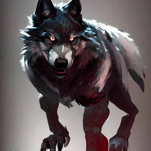 Image similar to concept art of night themed wolf fullbody, highly detailed painting by dustin nguyen, akihiko yoshida, greg tocchini, 4 k, trending on artstation, 8 k