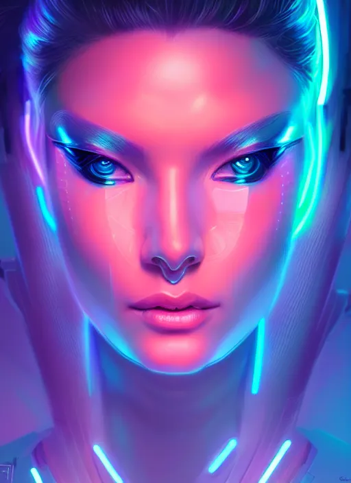 Image similar to portrait of female cyber humanoid, intricate, elegant, cyber neon lights, highly detailed, digital painting, artstation, glamor pose, concept art, smooth, sharp focus, illustration, art by artgerm and greg rutkowski