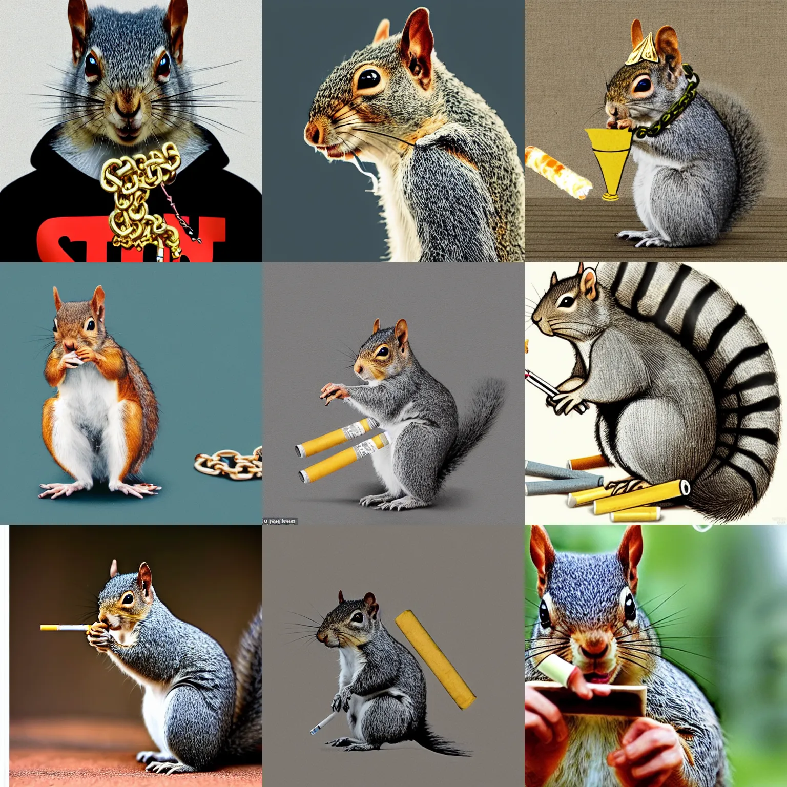 Prompt: an nft of a grey squirrel re-imagined as a superhero, wearing gold chains and smoking a cigarette