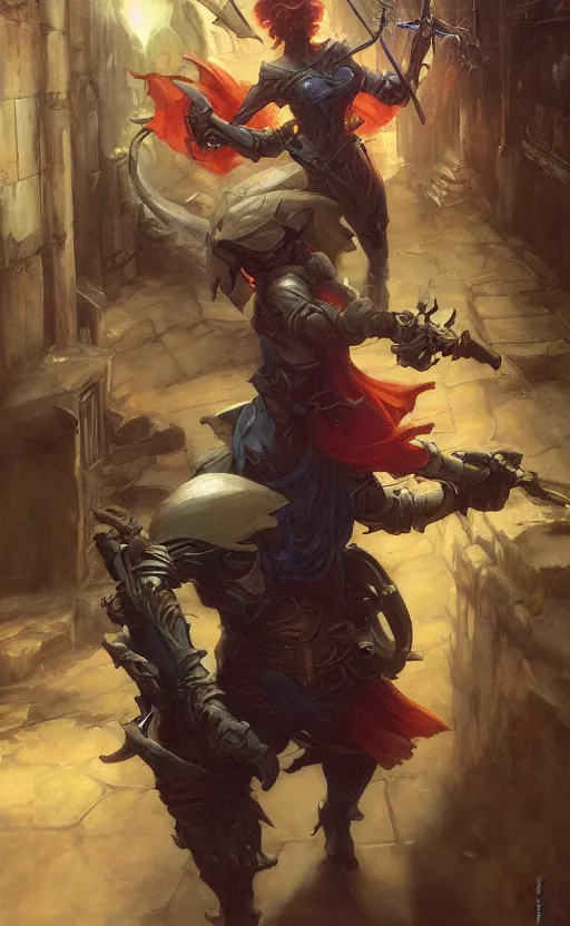 Prompt: twin blade assassin sneaking through an alley by michael whelan and noah bradley and frank frazetta and vladimir volegov and delphin enjolras and daniel f. gerhartz