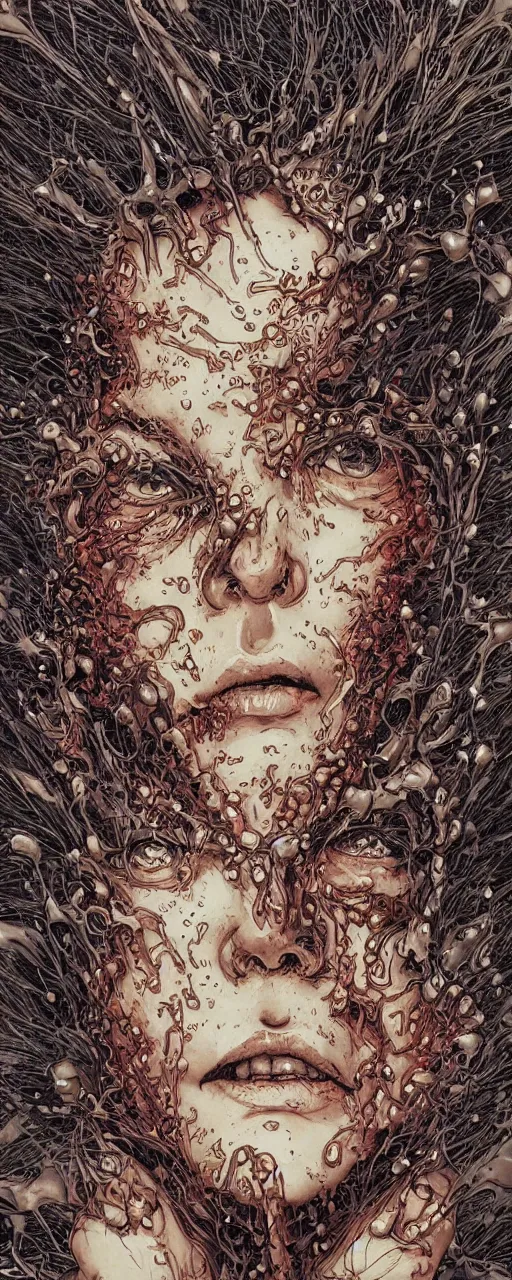 Image similar to closeup of face melting in agony been pulled by hands, inside a frame on a tiled wall, frontal picture, by yoichi hatakenaka, masamune shirow, josan gonzales and dan mumford, ayami kojima, takato yamamoto, karol bak