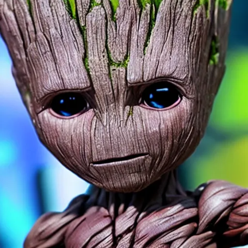 Image similar to baby groot getting bigger, meaner and transforming into hulk, big muscles, mutant, dc universe, bokeh, high quality dof