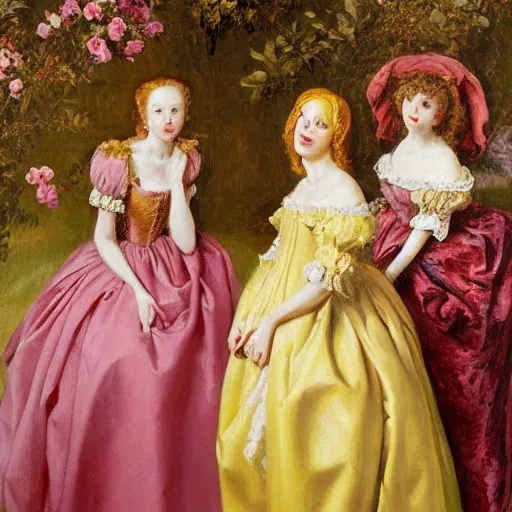 Image similar to group of skinny female artist wearing renaissance dresses, pink and gold flowers in the style of realism, renaissance oil painting, tonalism, rococo, manga