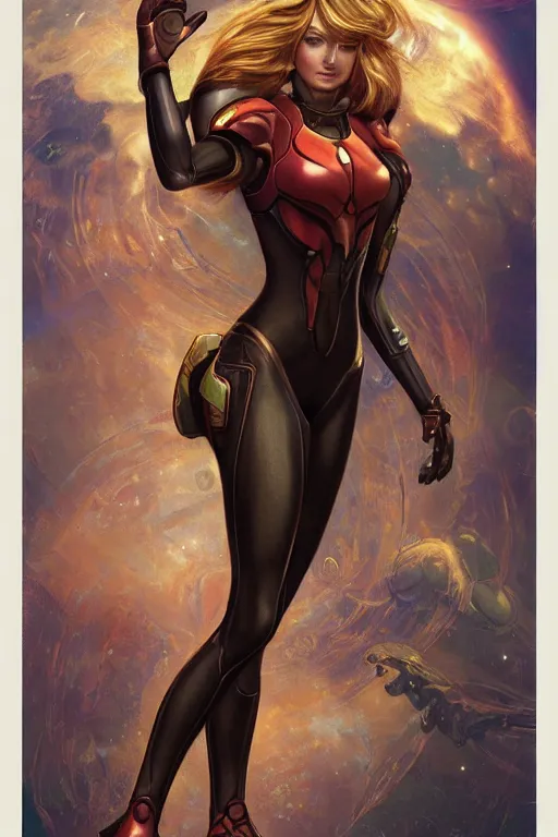 Image similar to samus aran metroid : : kate upton body : : christina hendricks : : portrait : : full body : : decadent highly - detailed digital artwork : : art by mucha and rutkowski, artstation, master prime lenses, cinematic