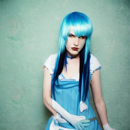 Prompt: A pale emo girl with blue hair wearing a maid dress, 2006