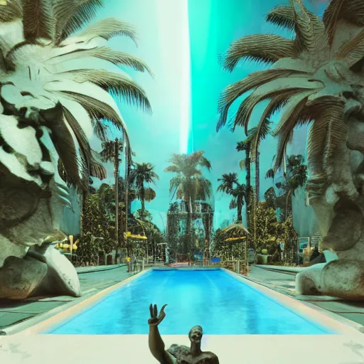 Prompt: a broken statue in a surreal underground white tiled swimming pool surrounded by neon lights and palm trees in vapor wave style, 3D octane render, hyperrealistic, finely detailed, dramatic lighting, neon lighting, unreal engine, houdini, 8k, 4k, raytracing