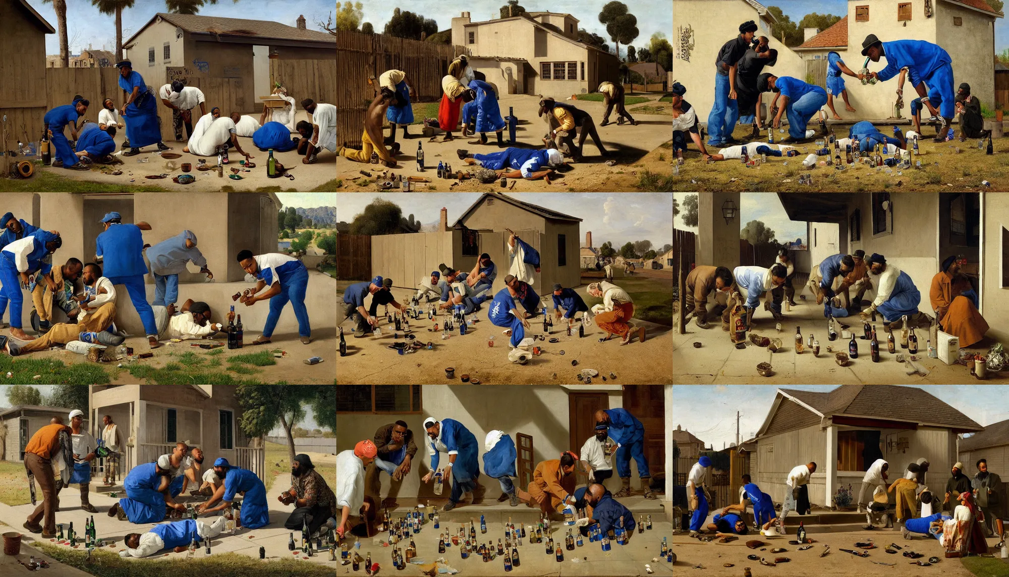 Prompt: a beautiful painting of los angeles crip gang members pouring colt 4 5 malt liquor on the ground in honor of a dead homie, front porch of a home in compton california, low angle, green grass, westside, midday, in the style of vermeer