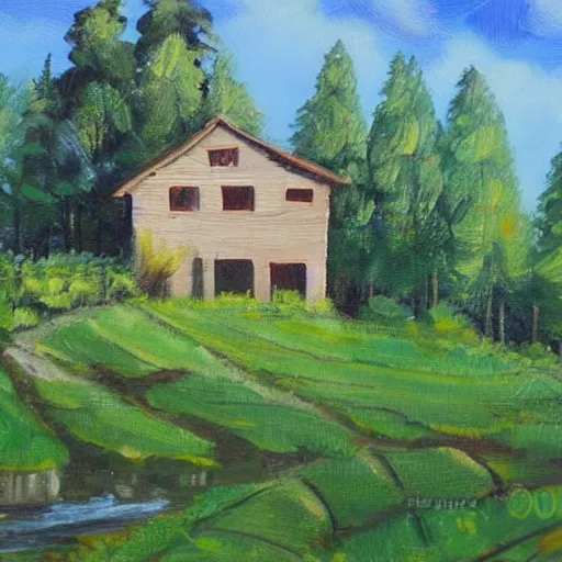 Prompt: house in the countryside on a sunny day, forest, detailed, peaceful, brush strokes, oil painting