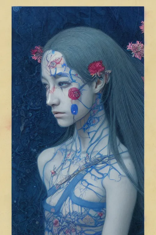 Image similar to portrait of beautiful young mainem, warhammer, japanic style, cyberpunk, a lot of scars, more and more flowers, blue head, the middle ages, highly detailed, artstation, illustration, art by jean delville, 8 k quality