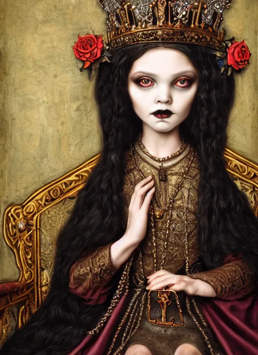 Image similar to highly detailed closeup portrait of a goth medieval princess wearing a crown and sitting on a throne, nicoletta ceccoli, mark ryden, earl norem, lostfish, global illumination, god rays, detailed and intricate environment