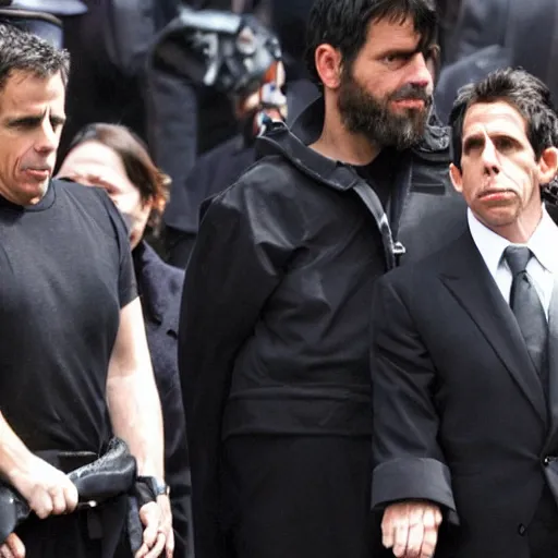 Prompt: ben stiller dressed in black, heartbroken at his father's burial, casket being lowered into the ground, a wailing woman in the background