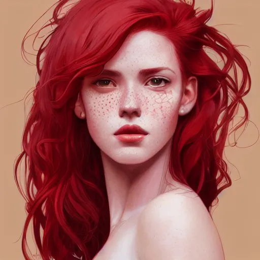 Image similar to close up portrait of a beautiful girl with red hair and freckles, happy intricate, elegant. highly detailed, digital painting, artstation, concept art, smooth, sharp, focus, illustration. background is purple, art by artgerm and greg rutkowski and alphonse mucha,