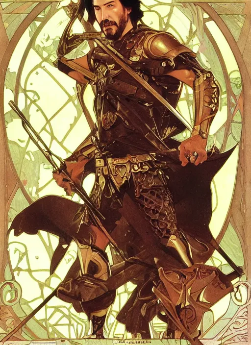 Image similar to keanu reeves in the slumps holding crossbow brown skin golden hair brown leather armor high fantasy dnd smooth sharp focus illustration by rossdraws, alphonse mucha frank fanzzeta