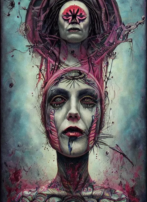 Image similar to tripping magic cult psychic woman, painted face, third eye, energetic consciousness psychedelic, epic surrealism expressionism symbolism, symmetrical face, dark myth mythos, by joao ruas, masterpiece