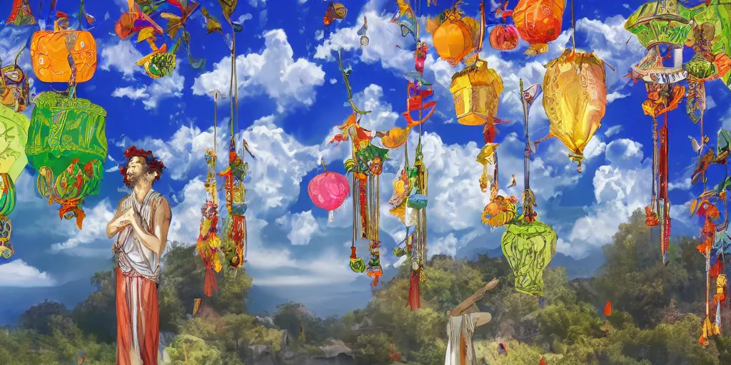 Prompt: painting of wind god enjoying the view from his stone heavenly palace, decorated with windchimes and paper lanterns, nature and clouds in background, digital art