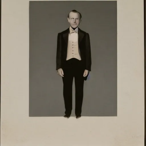 Image similar to a desperate man with a blurry head stands against a dark beige background wearing a jacket and white tie.