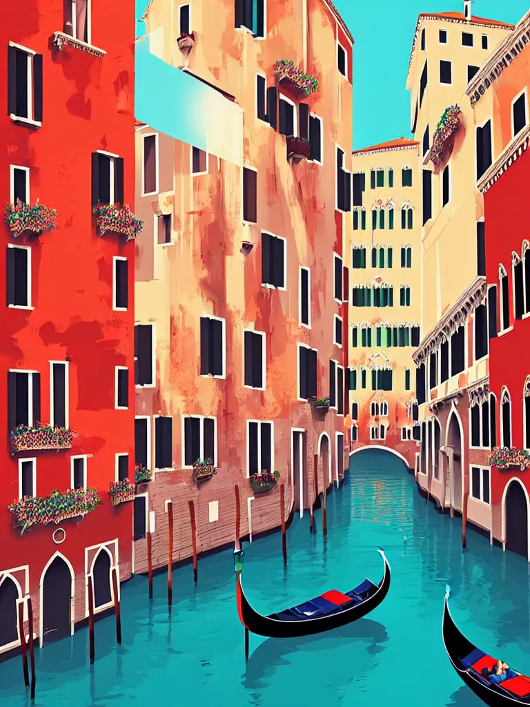 Prompt: a travel poster illustration depicting a canal in venice italy, vintage style, white architecture, digital painting, vector art, trending on artstration, by anton fadeev, by alena aenami
