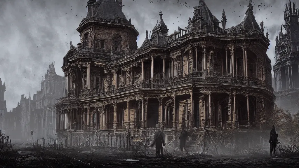 Image similar to victorian era architecture based city, abandoned, crawling with beasts, bloodborne, yarhnam