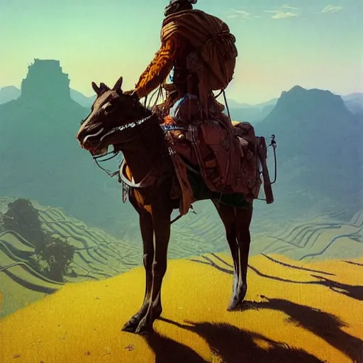 Prompt: cyberpunk afghan cowboy outrider standing atop a ridge, viewing rolling hills covered in rice terraces. c. leyendecker, simon stalenhag, studio ghibli, barlowe, audobon and beksinski