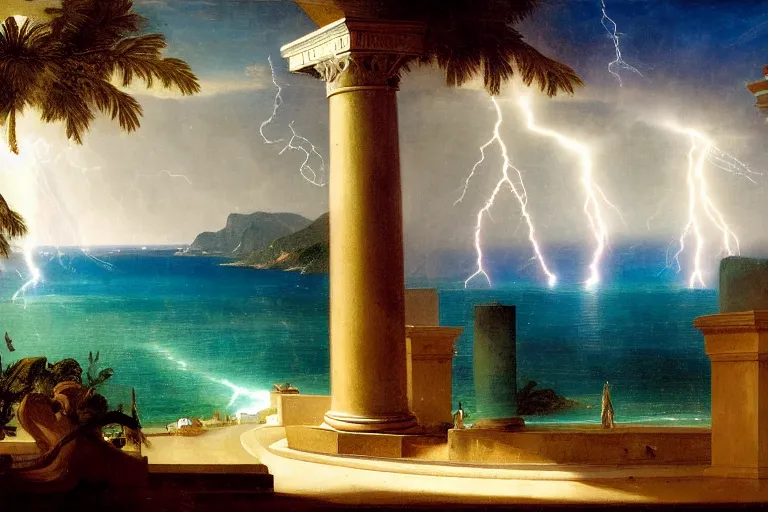 Image similar to mediterranean balustrade and columns, refracted lightnings on the ocean, thunderstorm, greek pool, beach and Tropical vegetation on the background major arcana sky and occult symbols, by paul delaroche, hyperrealistic 4k uhd, award-winning, very detailed paradise