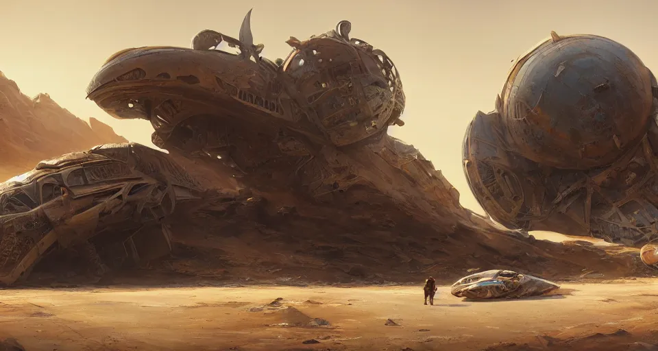 Image similar to crushed alien spaceship in desert, concept art by john park, darek zabrocki, tyler edlin, jordan grimmer, neil blevins, craig mullins, highly detailed, ultra detailed, ultra realistic, wide angle lens, trending on artstation