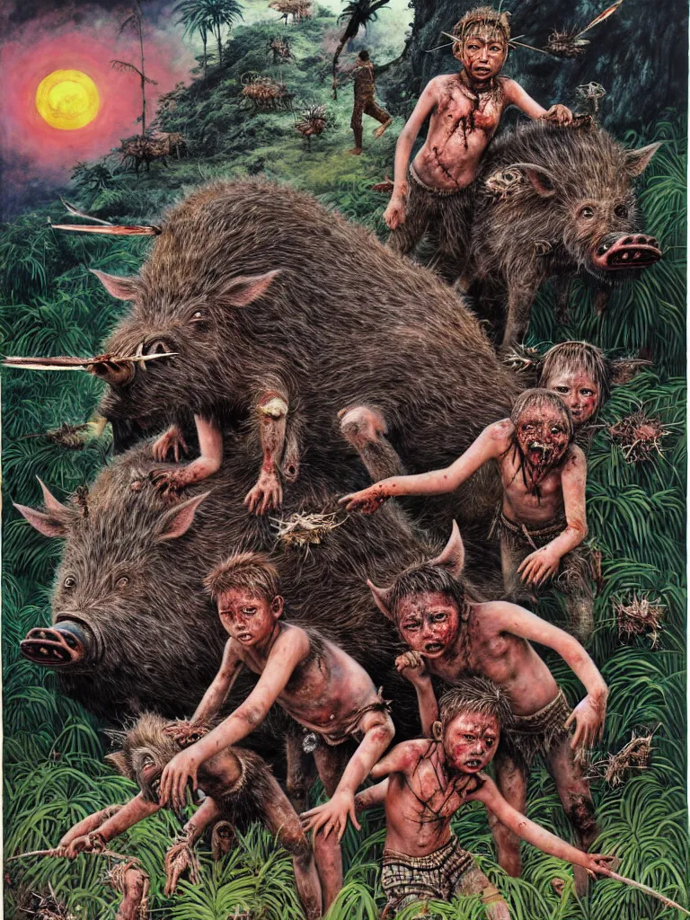 Prompt: realistic detailed image of Lord of the Flies. Dystopian horror of abandoned feral children on a tropical island and a dead giant boar, by Hou Yimin, Dan Howard, Allan Houser, Alice Hunt and Peter Hurd, Neo-Pagan, rich deep colors. Painting by Byun Shi Ji and Jiang Feng masterpiece