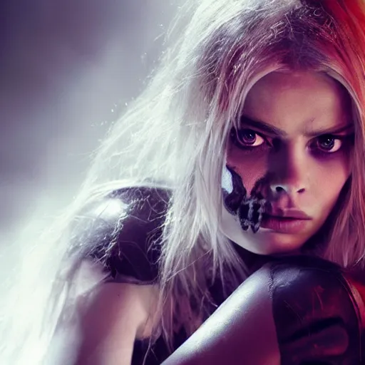 Prompt: octane, Unreal engine, Samara Weaving with skull paint holding a shotgun