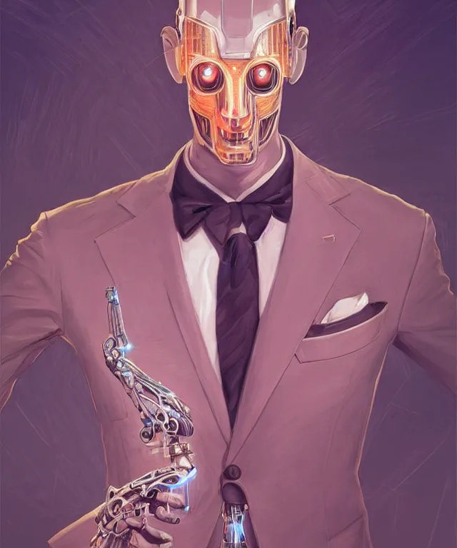 Prompt: a male android portrait wearing a suit and tie, surrealism, scifi, intricate, elegant, sharp eyebrows, highly detailed cybernetic body, neon glowing eyes, digital painting, artstation, concept art, smooth, sharp focus, illustration, art by artgerm and moebius and peter mohrbacher