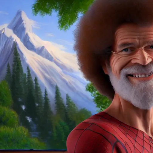 Image similar to a closeup photorealistic photograph of bob ross working on a canvas painting of spiderman. film still. brightly lit scene. mountains and trees. this 4 k hd image is trending on artstation, featured on behance, well - rendered, extra crisp, features intricate detail, epic composition and the style of unreal engine.