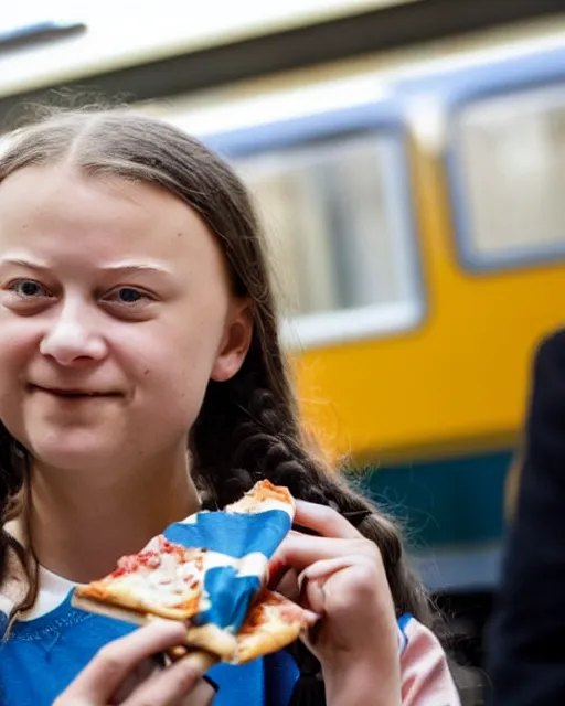 Image similar to film still close - up shot of greta thunberg giving a speech in a train station eating pizza, smiling, the sun is shining. newspapers falling from sky photographic, photography