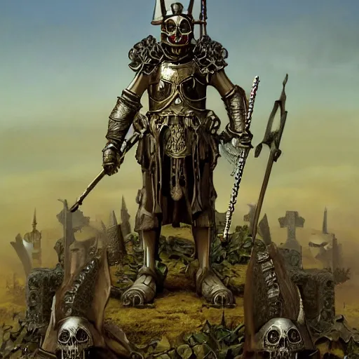 Image similar to anthropomorphic shiba inu, wearing holy black steel armor, standing, graveyard of skulls, tombs, crosses. fantasy 3 d render, masterpiece, light aura, by donato giancola and greg rutkowski and wayne barlow and zdzisław beksinski, realistic face