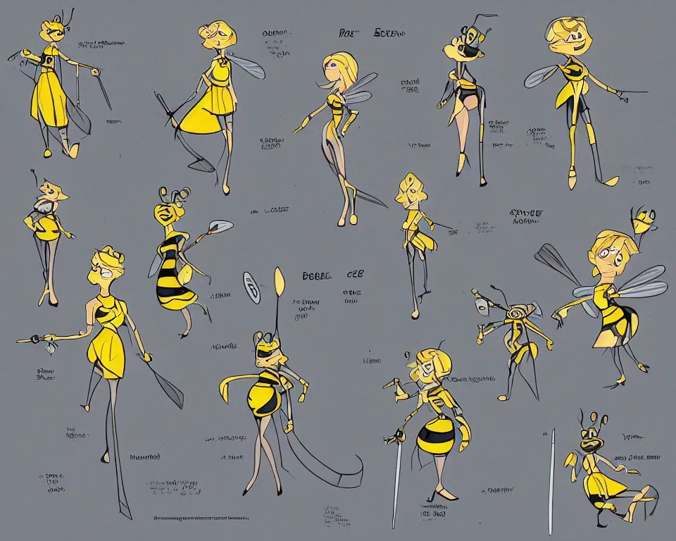 Image similar to a 360 character model sheet for a short cartoon female bee character holding a scepter
